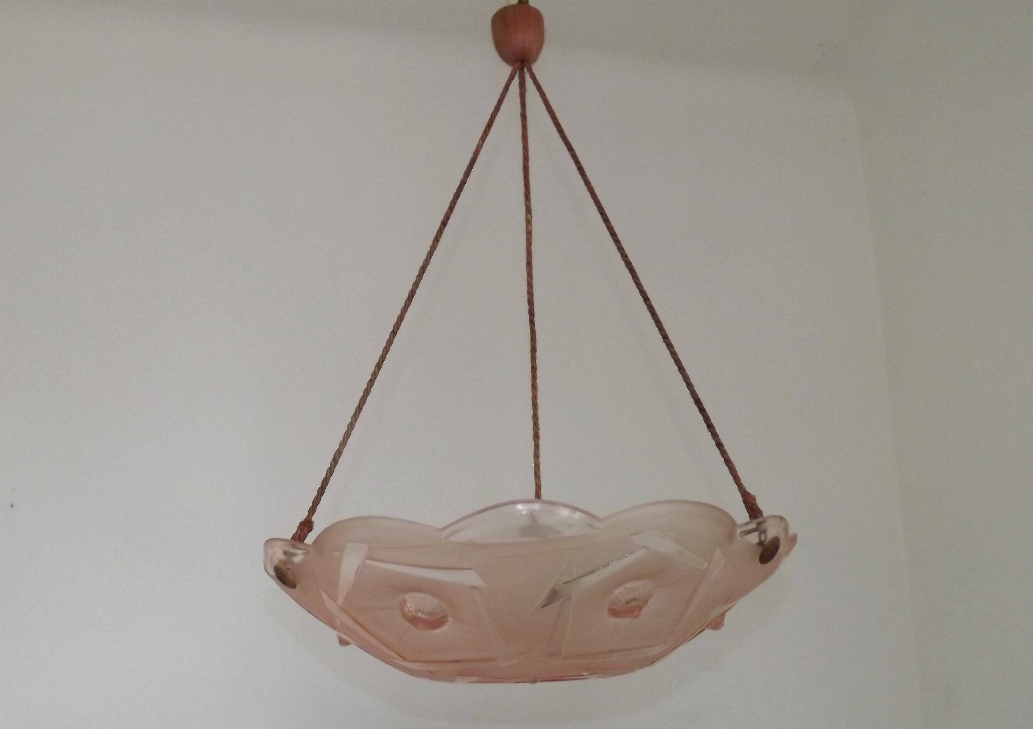 French Art Deco Stamped 1053 Pink Glass Plafonnier Hanging Light Pink Ropes