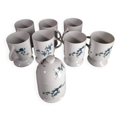 Ensemble sucrier et 7 mugs / tasses à fleurs bleues en porcelaine de Limoge