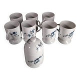 Ensemble sucrier et 7 mugs / tasses à fleurs bleues en porcelaine de Limoge