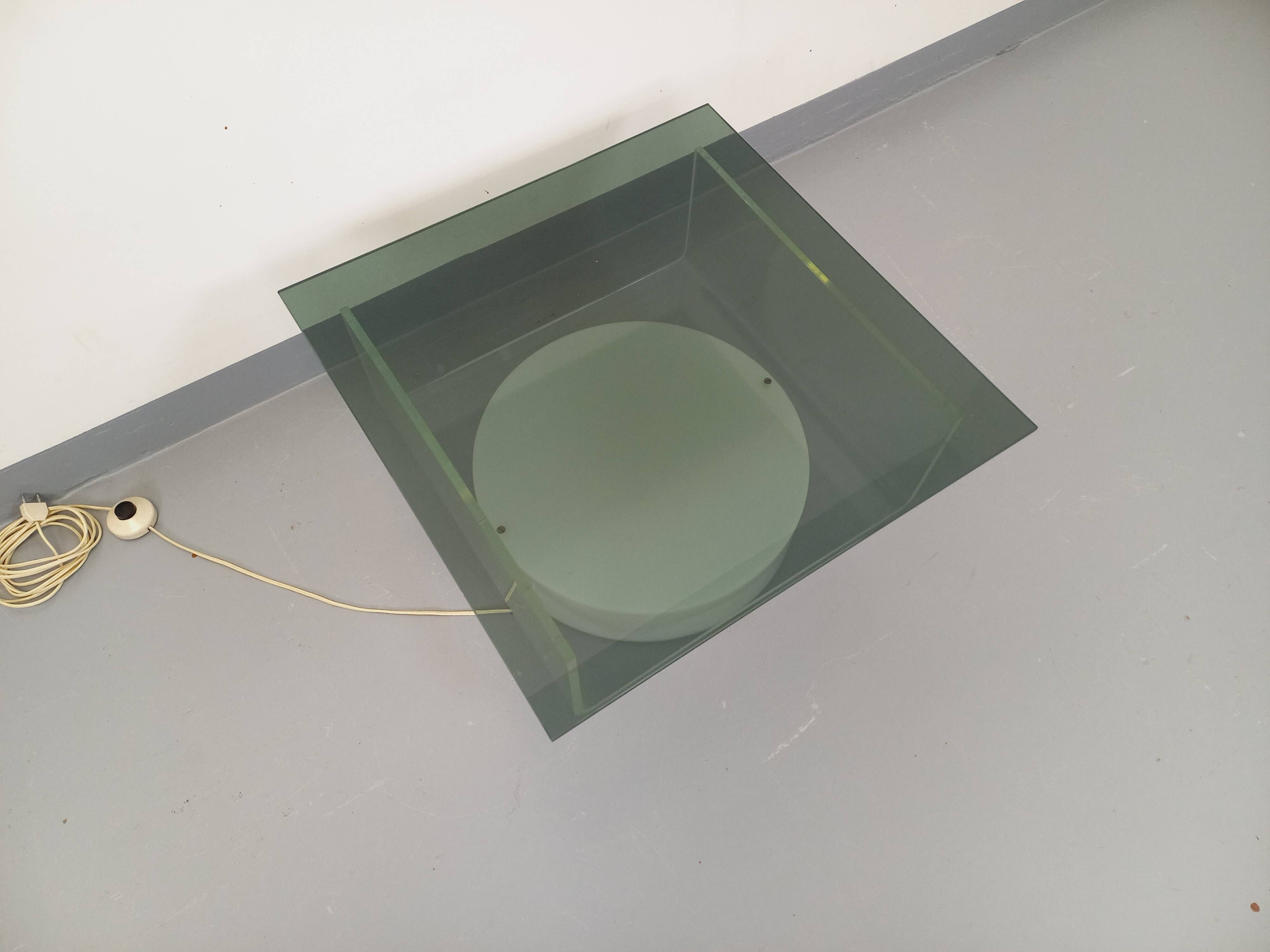 Vintage Italian square illuminated coffee table in glass and plexiglass