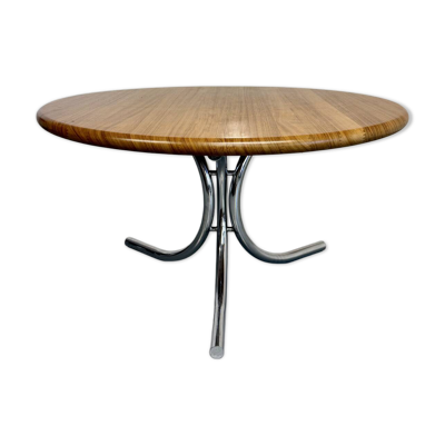 Grande table repas ronde en bois métal chromé design italien Année 70