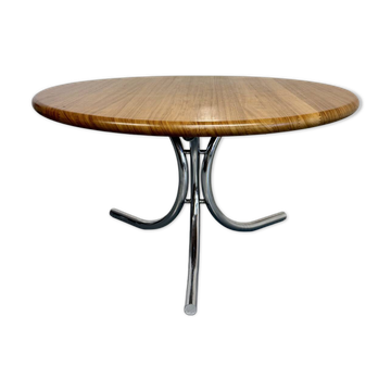 Large round dining table in wood with chrome metal, Italian design from the 1970s.