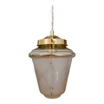 Suspension globe vintage en verre dépoli blanc et doré