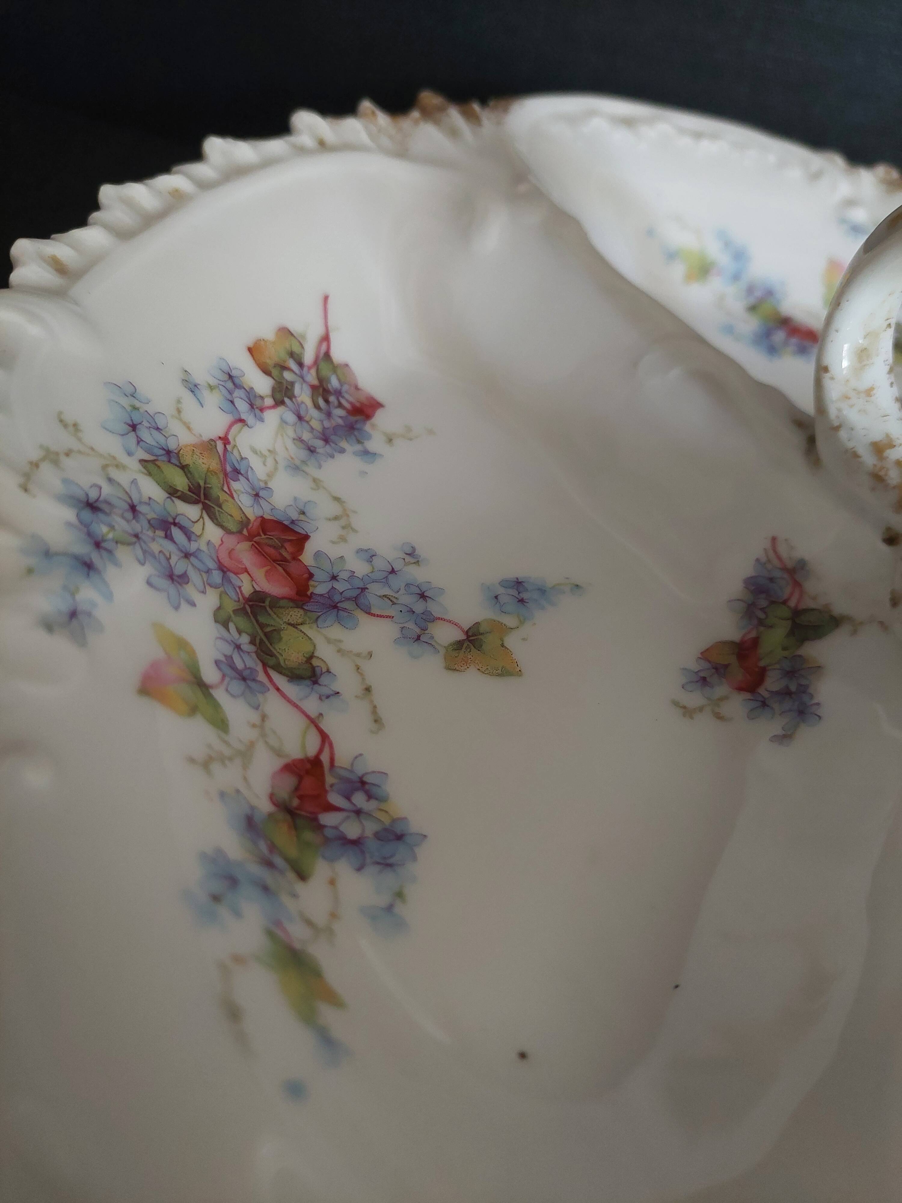 Serving dish beggar porcelain flowered Limoges early 20th century