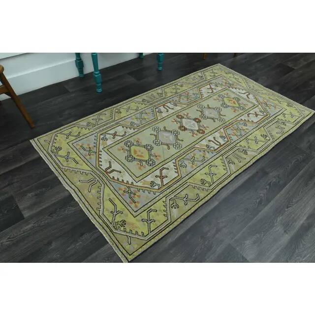 1970s vintage Turkish Oushak handmade wool cotton green area rug 115x205