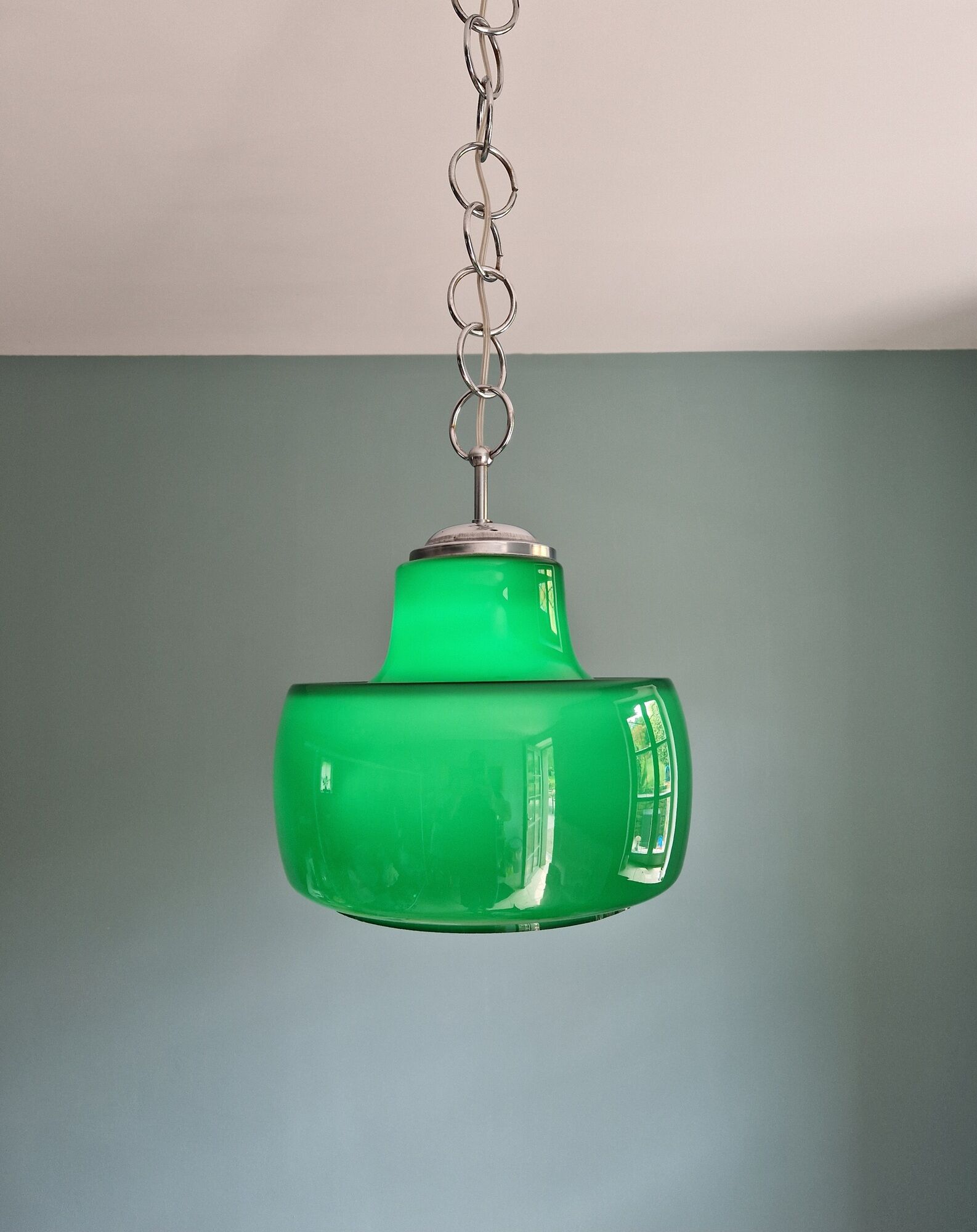Large vintage pendant lamp in green opaline, 1970s