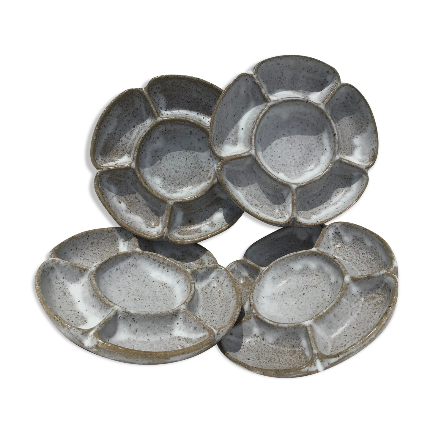 4 White compartmentalized handmade stoneware plates