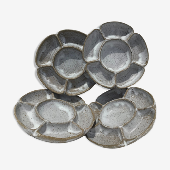 4 White compartmentalized handmade stoneware plates