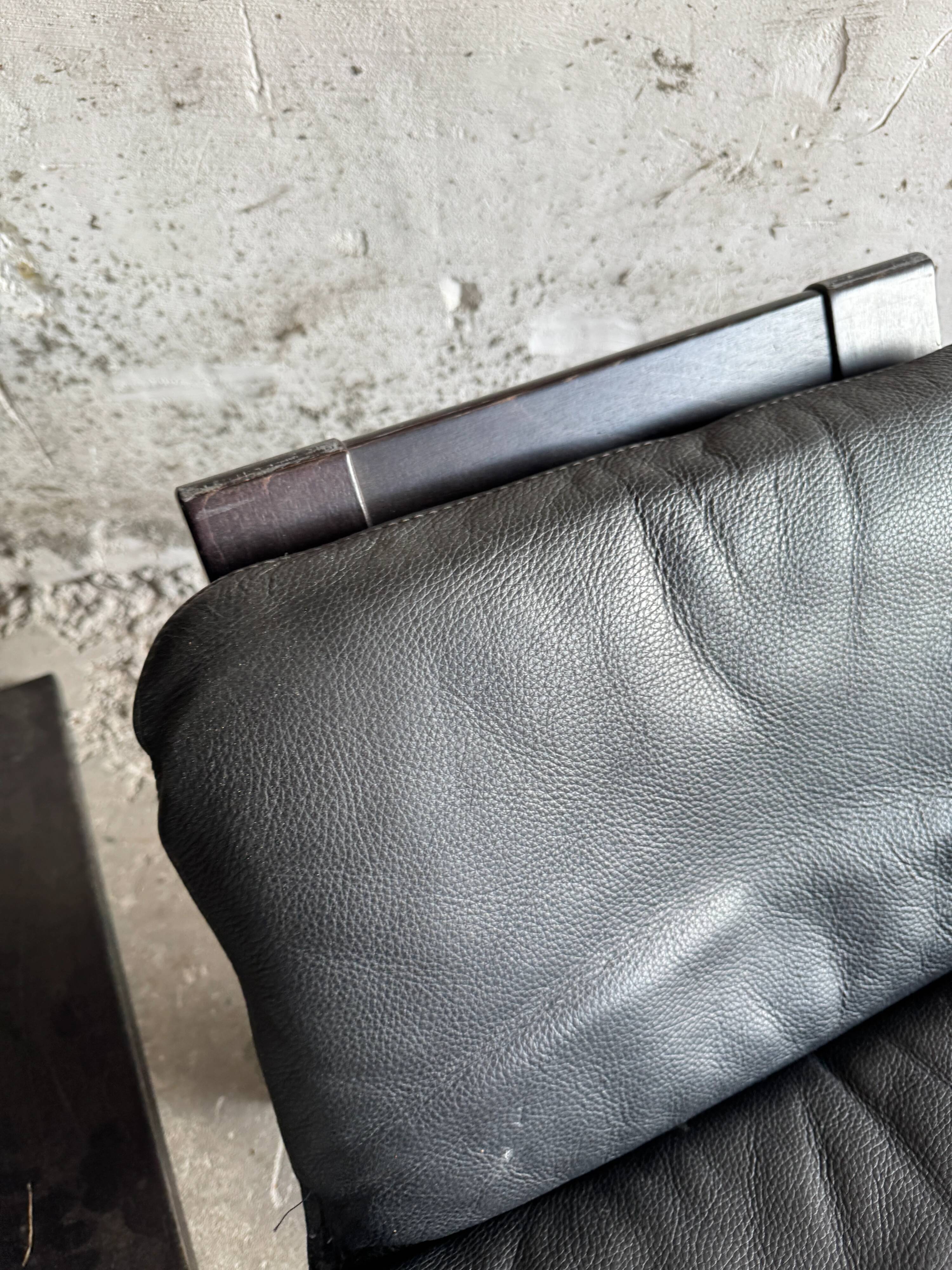 Vintage Scandinavian Black Leather Armchair with Ottoman — Solid Dark Wood Frame, Mid‑Century Modern