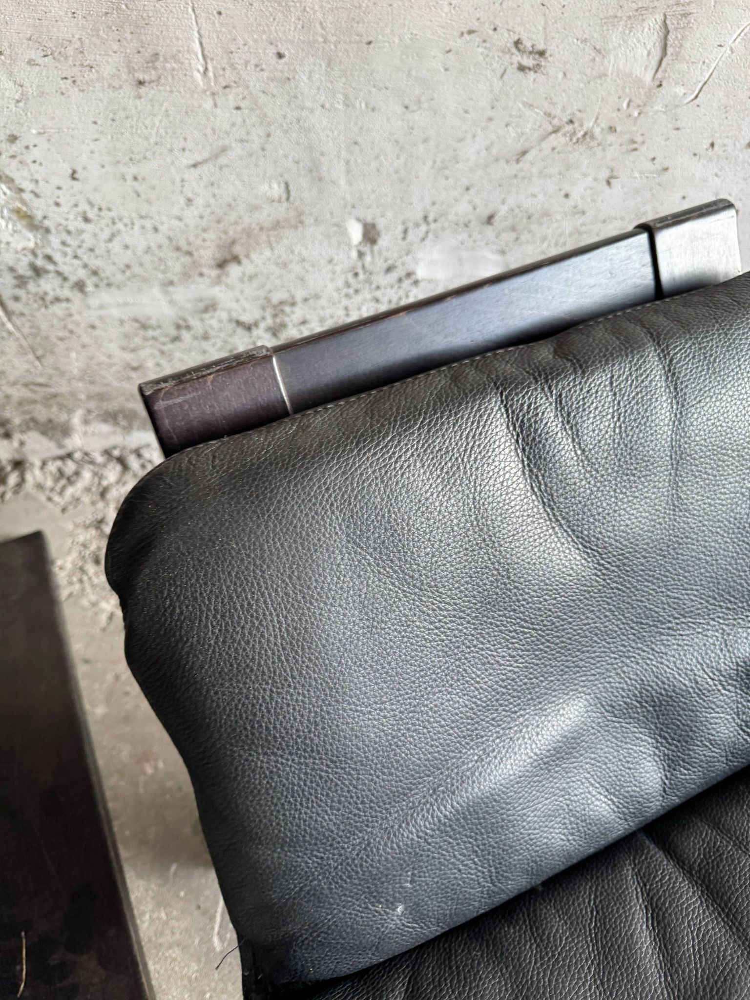 Vintage Scandinavian Black Leather Armchair with Ottoman — Solid Dark Wood Frame, Mid‑Century Modern