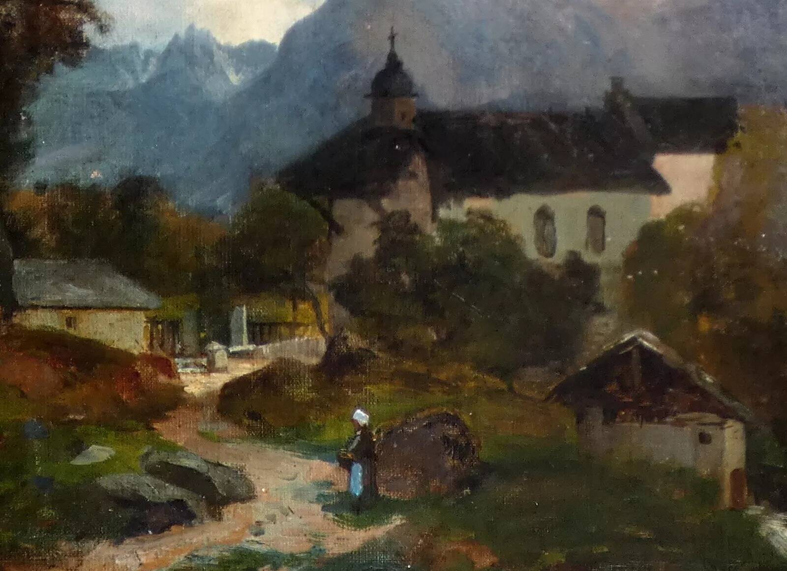 Wonderful 19th Century Mountain Landscape W/ Houses & Figures