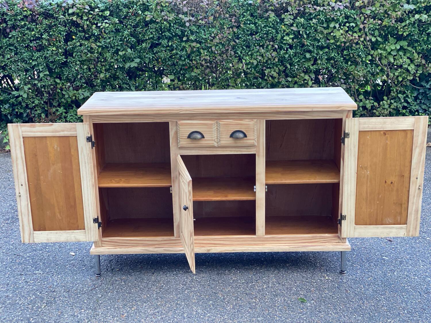 Renovated 3-door sideboard in raw solid wood 147cm