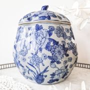 Large vintage Chinese handcrafted glazed ceramic pot with blue flower pattern