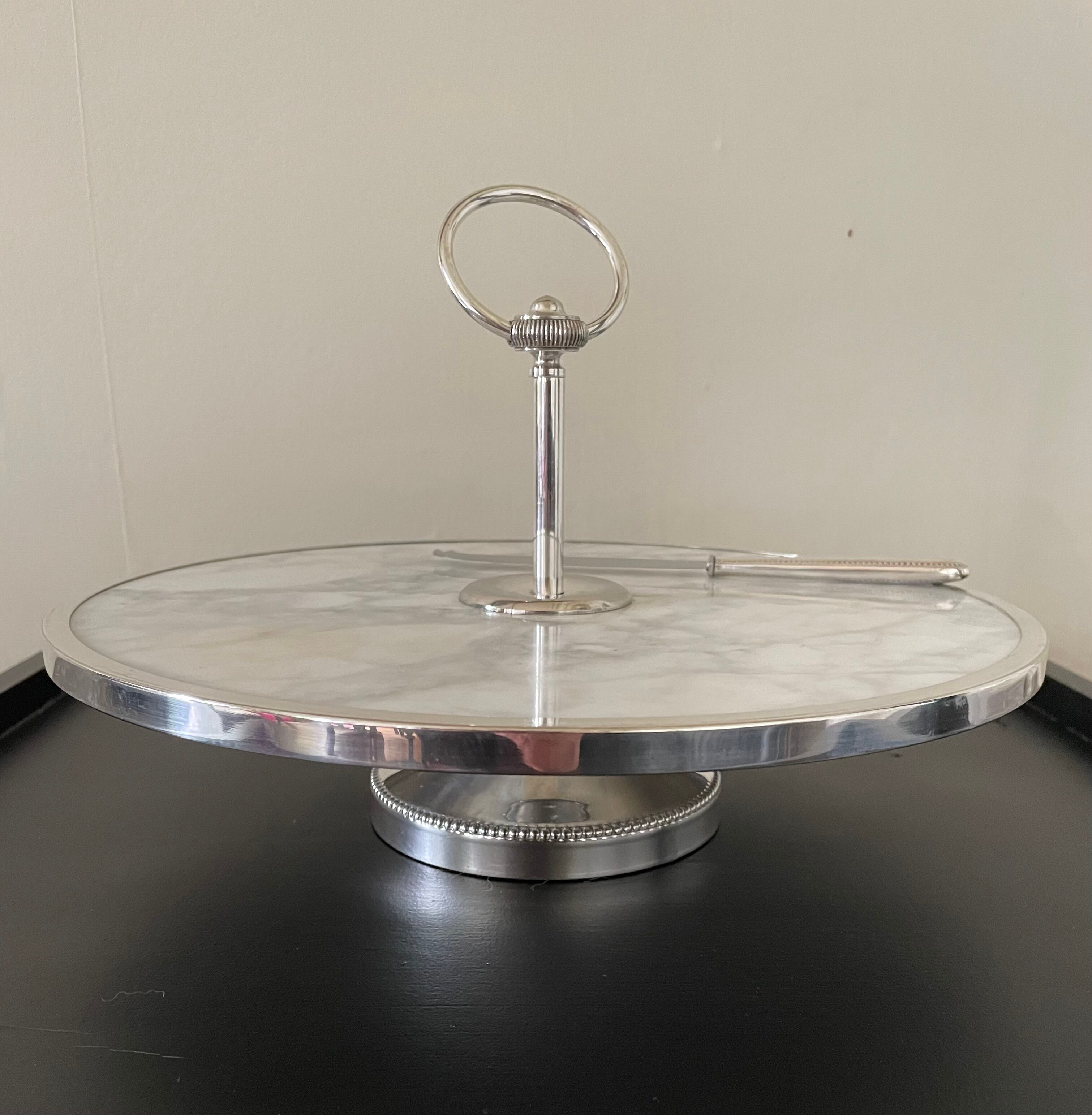 Marble cheese platter and silver metal 1970
