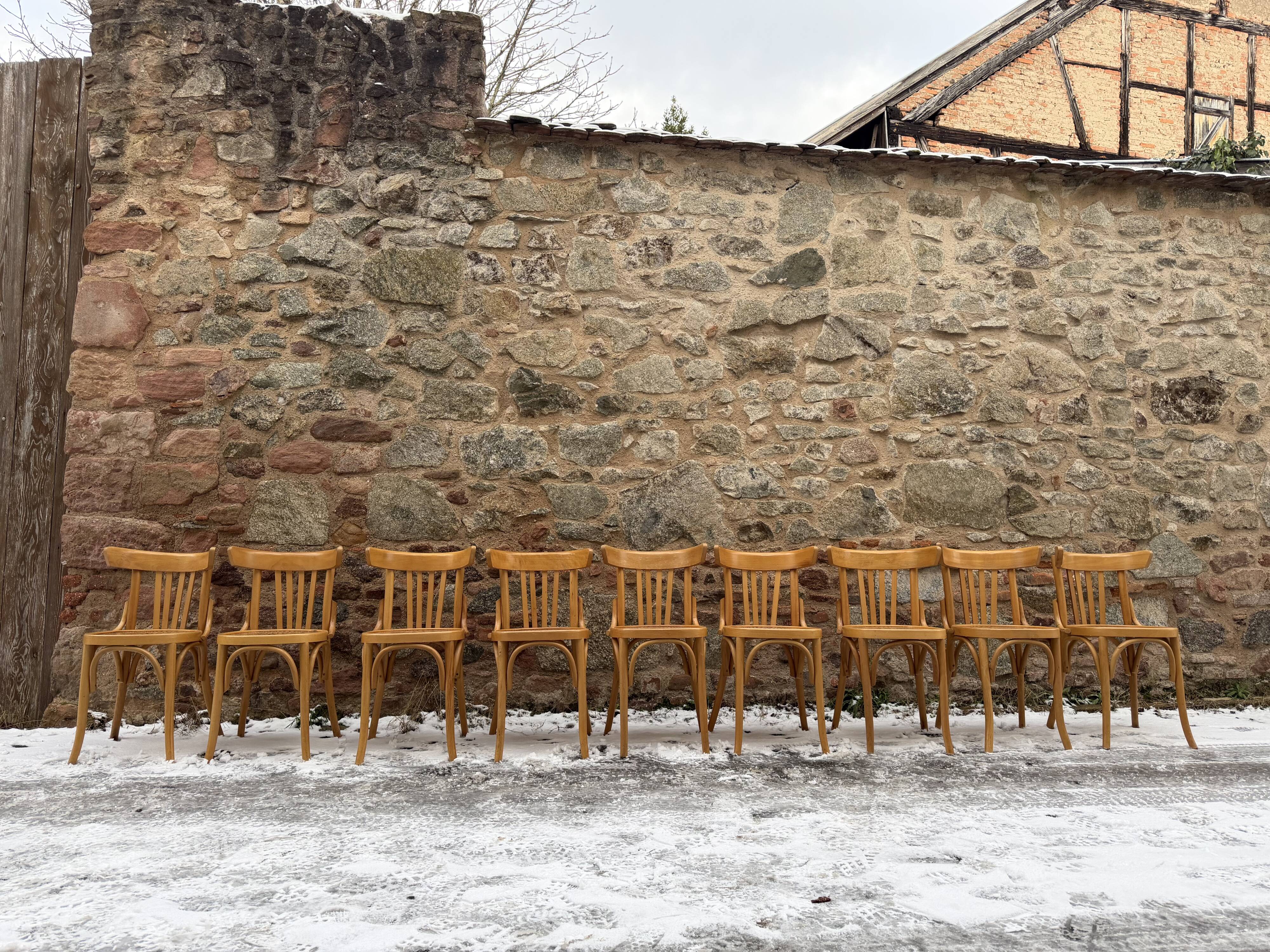 Set of 9 vintage bistro chairs in beech wood – bentwood, patterned seat