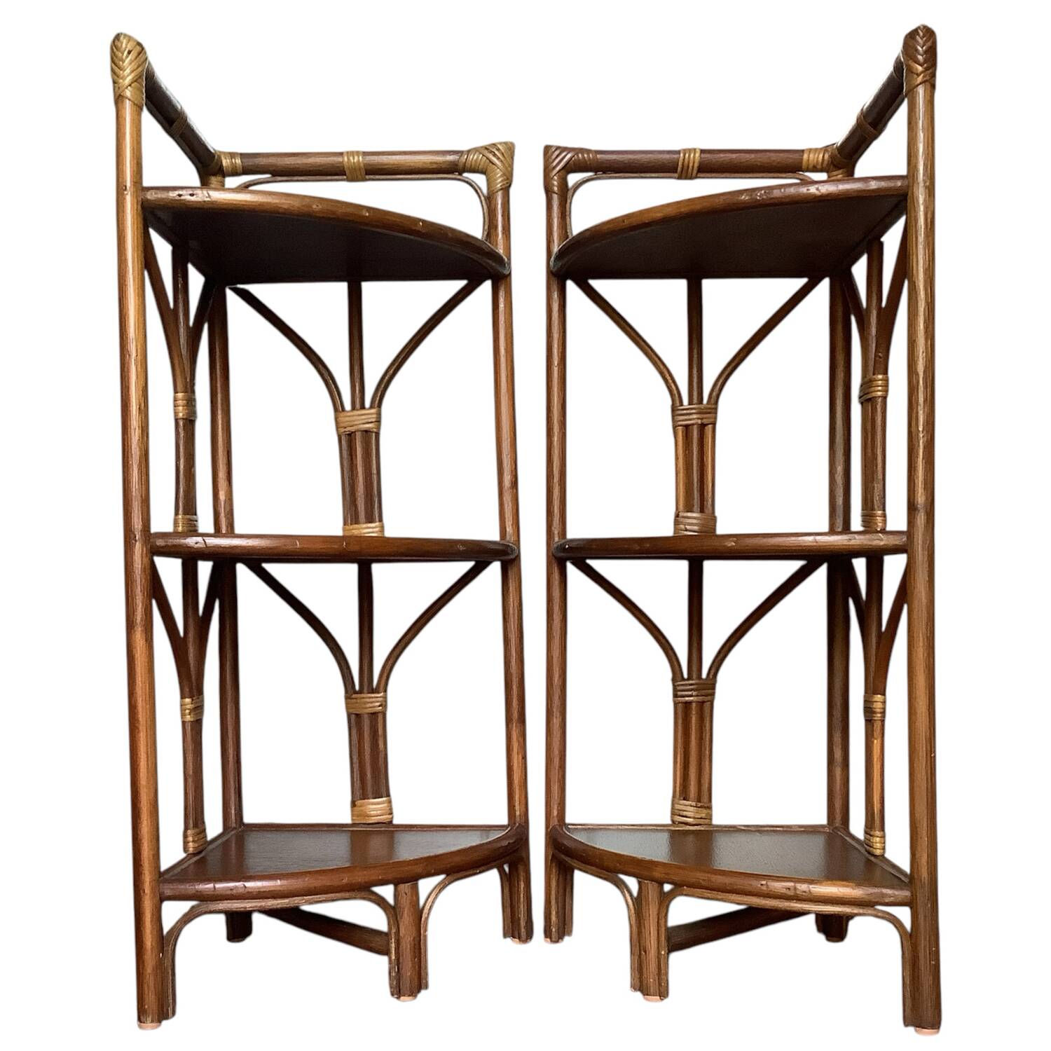 Pair of vintage rattan corner shelves