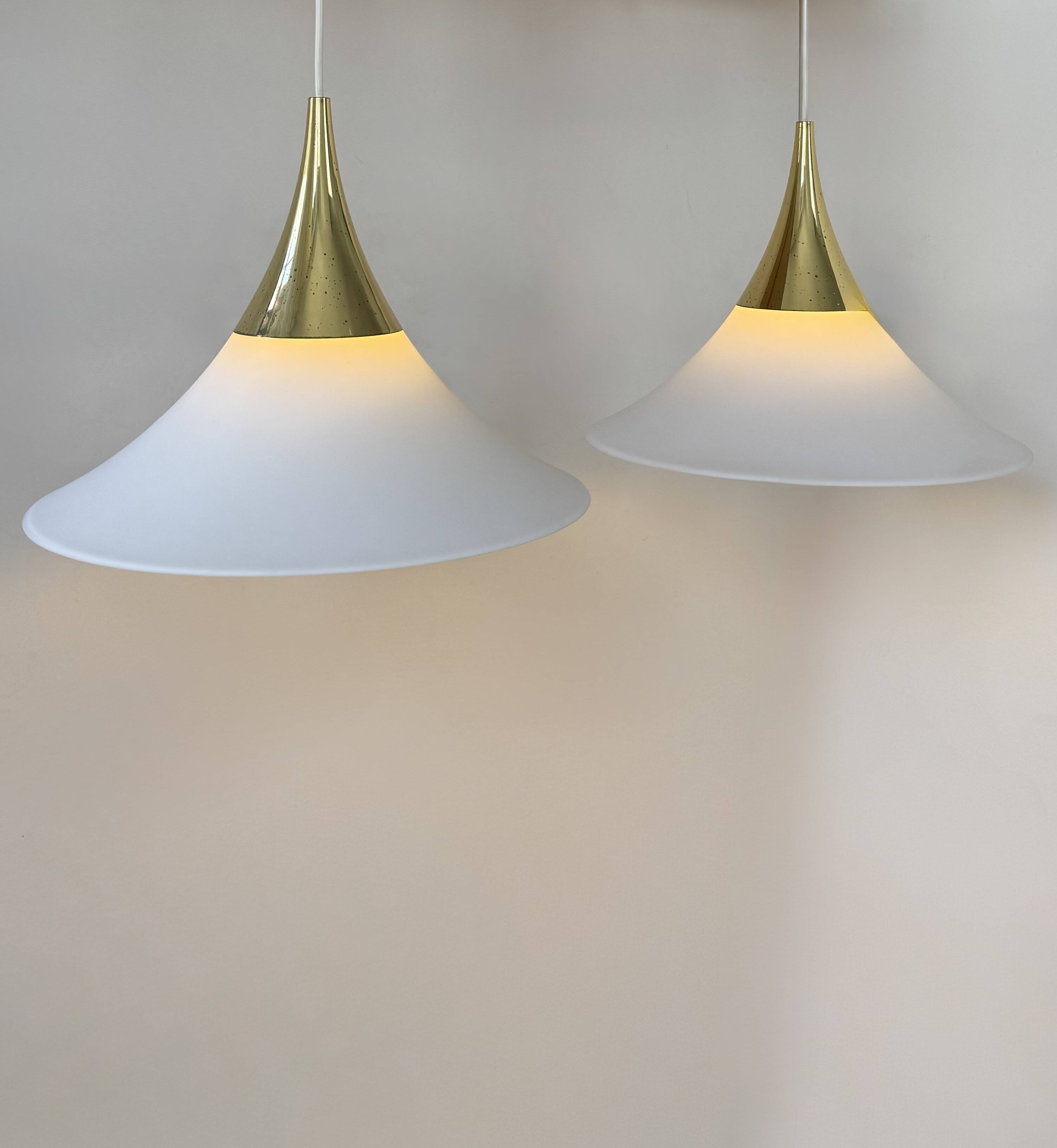 XL Pair of vintage pendants by Limburg, brass and opaline, Germany 1