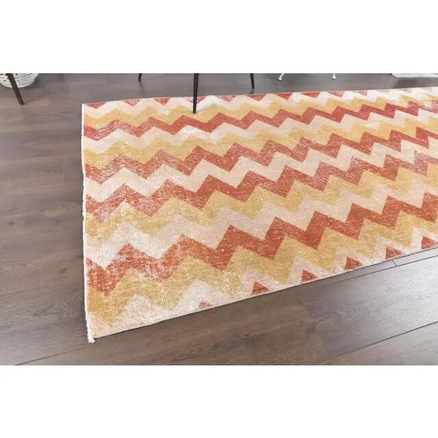 Vintage Chevron Yellow Turkish Hand-Knotted Tribal Runner 111x281