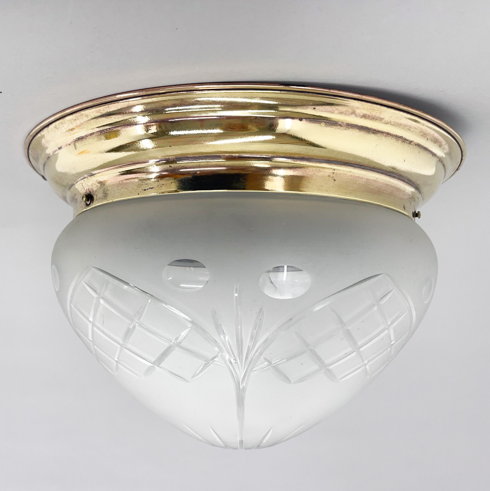 Art deco brass & cut glass flush mount, czechoslovakia