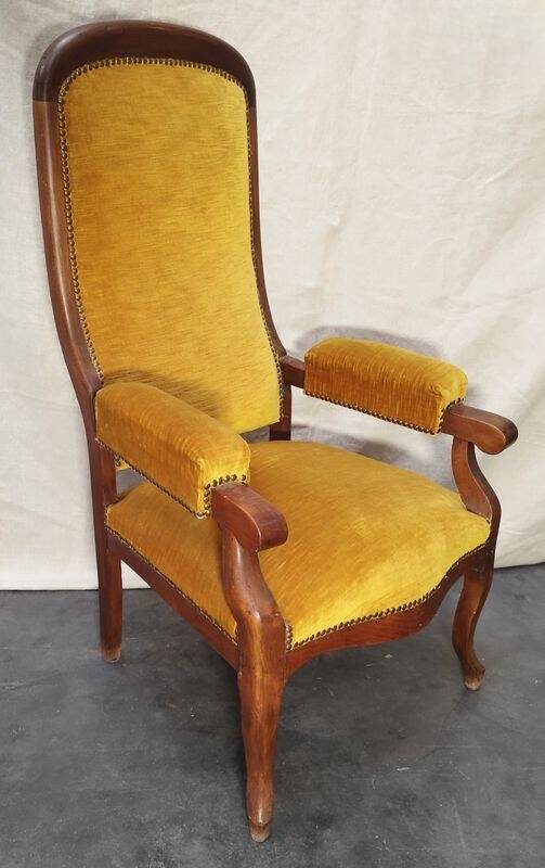 Antique Voltaire armchair — ochre/mustard velvet — Louis-Philippe style — 19th century