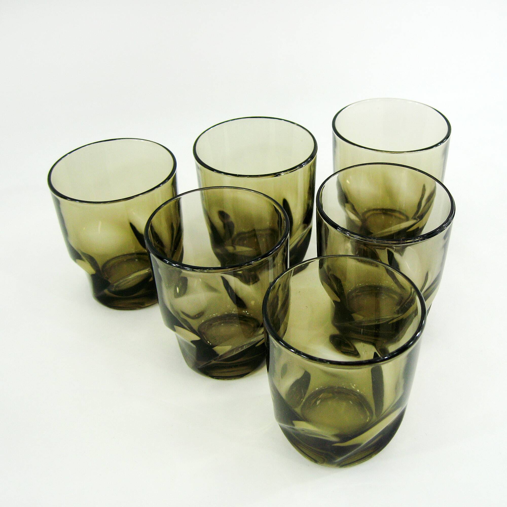 6 smoked twisted glass goblets - Luminarc Arcoroc France - vintage 70s