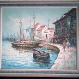 Seascape, seen from the port - Large oil on canvas (with a knife), signed R. Danford, framed
