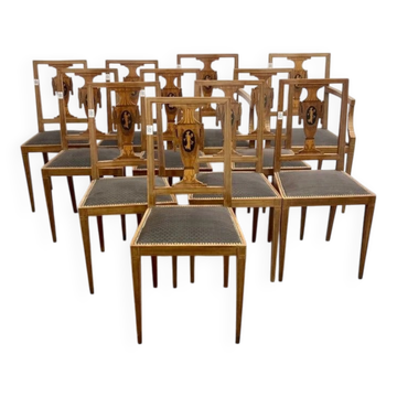 Ensemble 9 chaises et 2 fauteuils néoclassiques en marqueterie