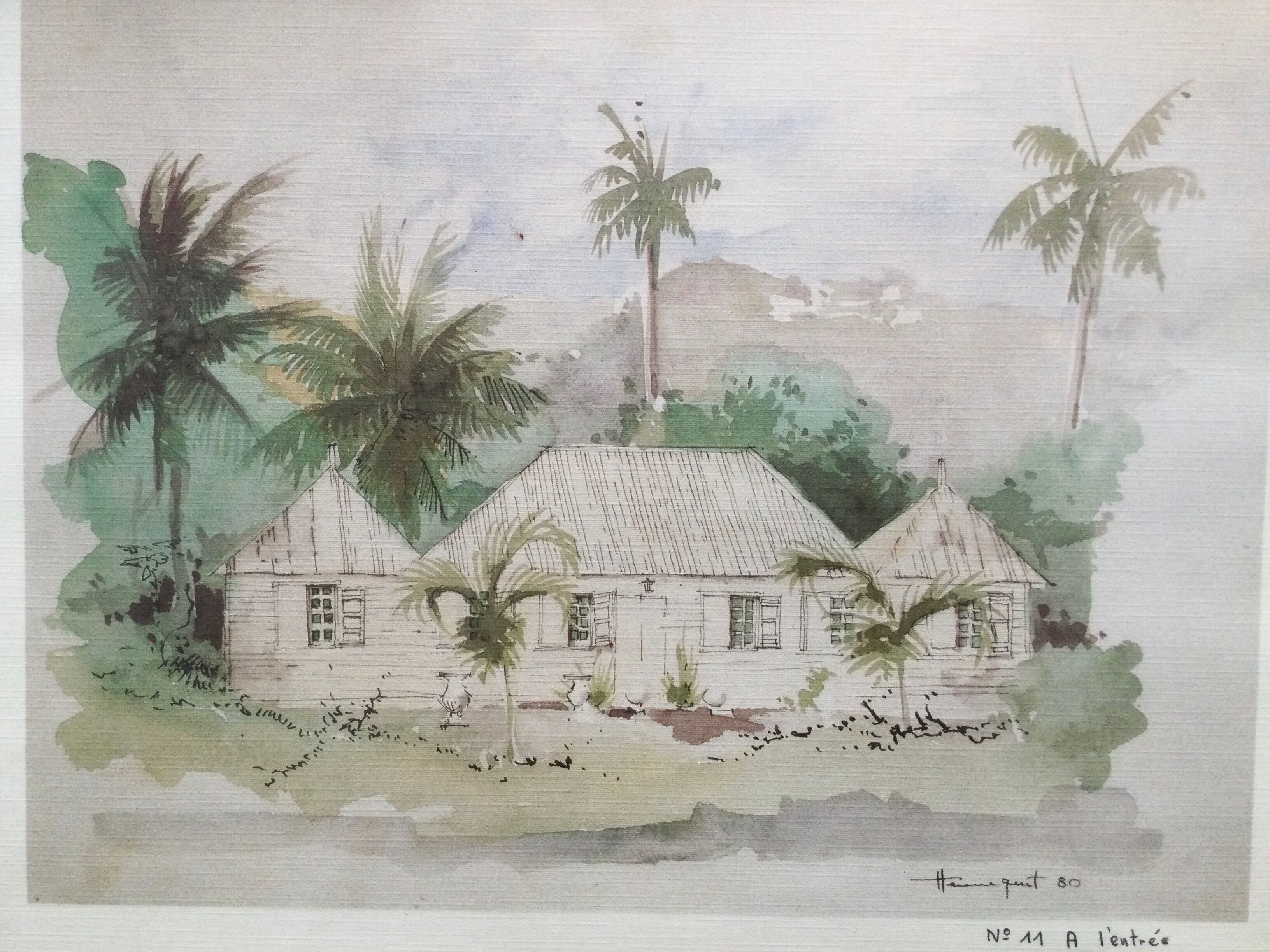 Framed watercolor by F. Hennequet - Reunion Island, At the entrance of Saint-Leu