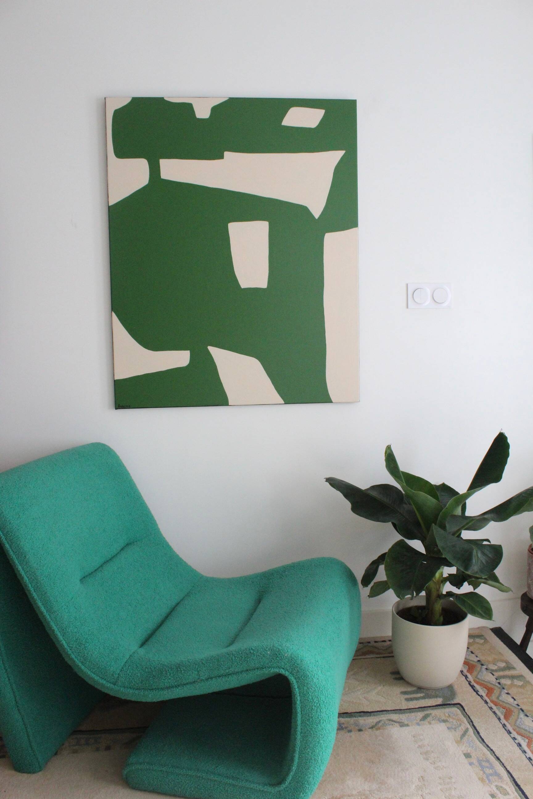 Organic abstract on green and beige canvas 100x81cm