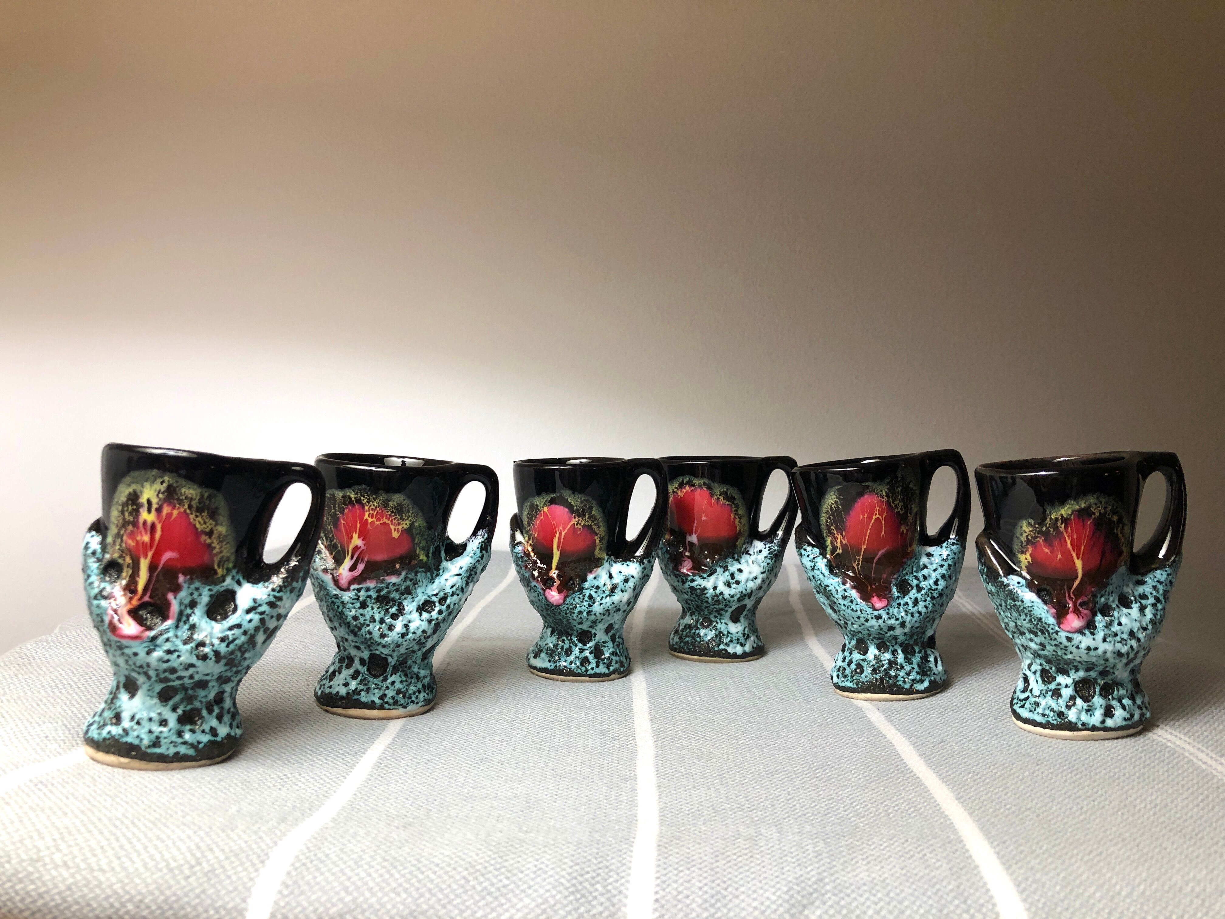 Old coquetiers signed Vallauris Turquoise and Red