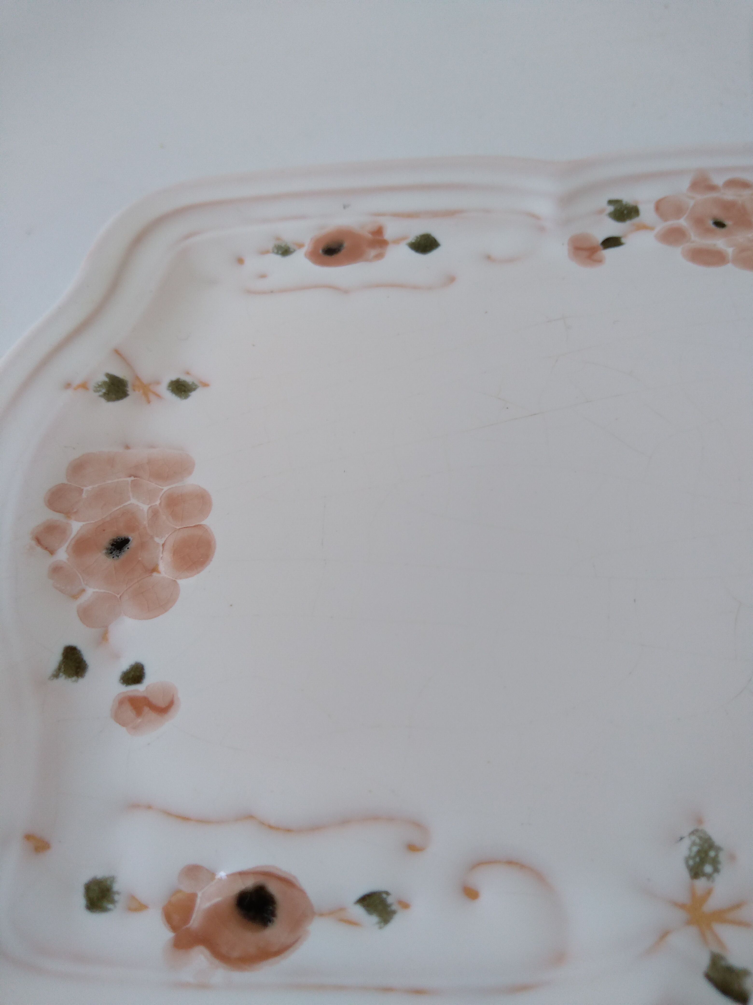 Antique dish in white ceramic and pink spring flowers Niderviller France