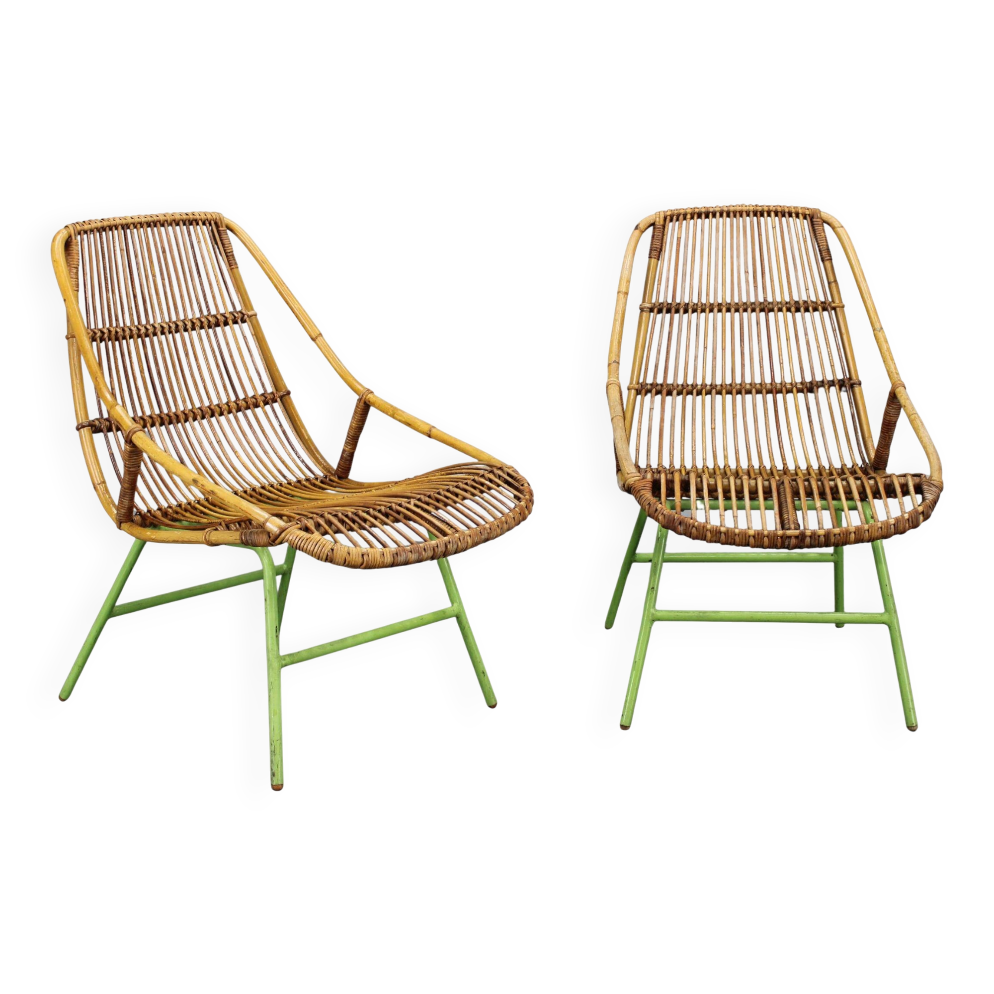 Rare pair of Alan Fuchs for ULUV rattan lounge chairs, Czechoslovakia, 1960s