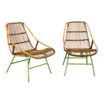 Rare pair of Alan Fuchs for ULUV rattan lounge chairs, Czechoslovakia, 1960s