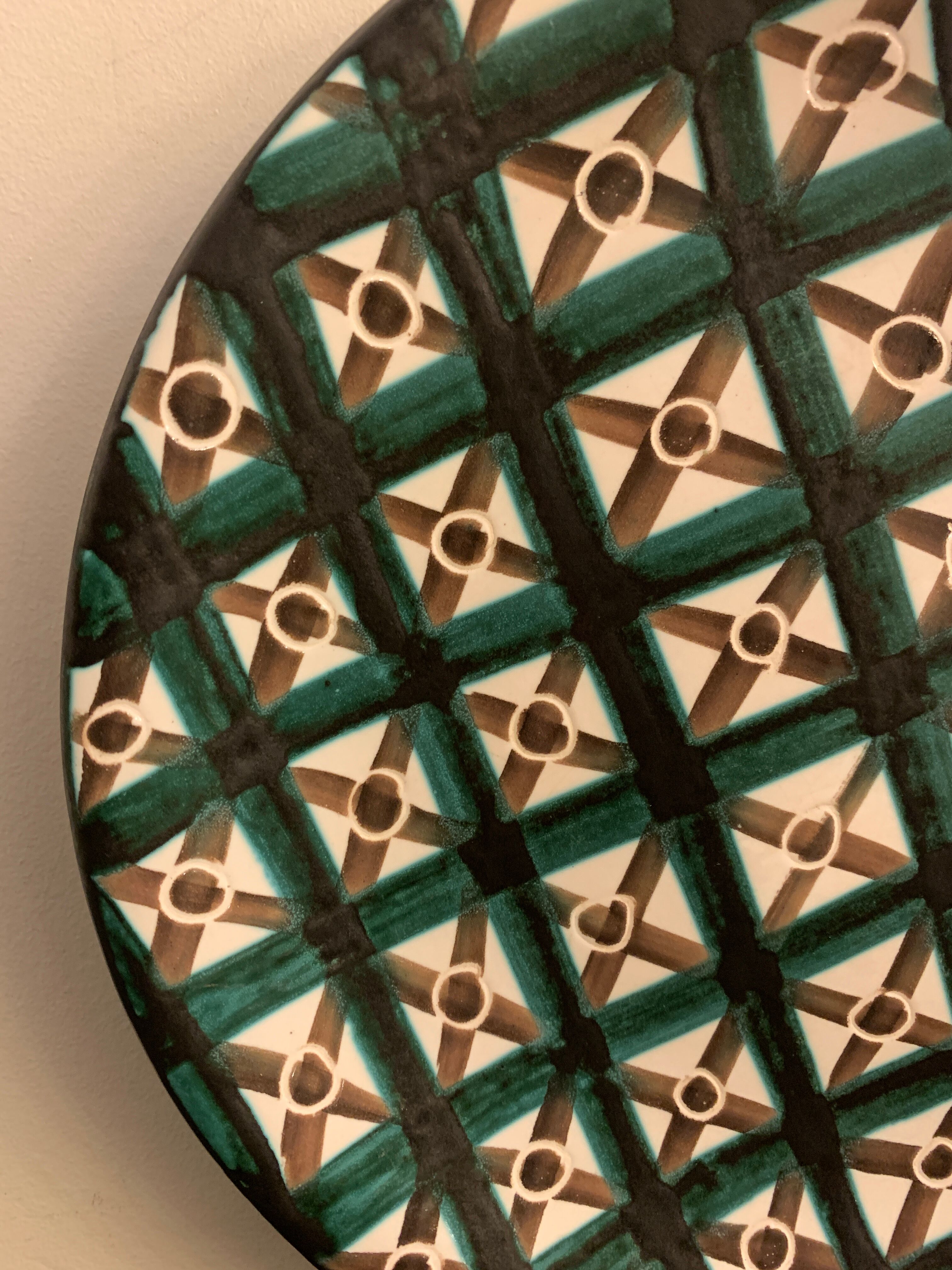 Flat glazed ceramic plate by Robert Picault, Vallauris 1960