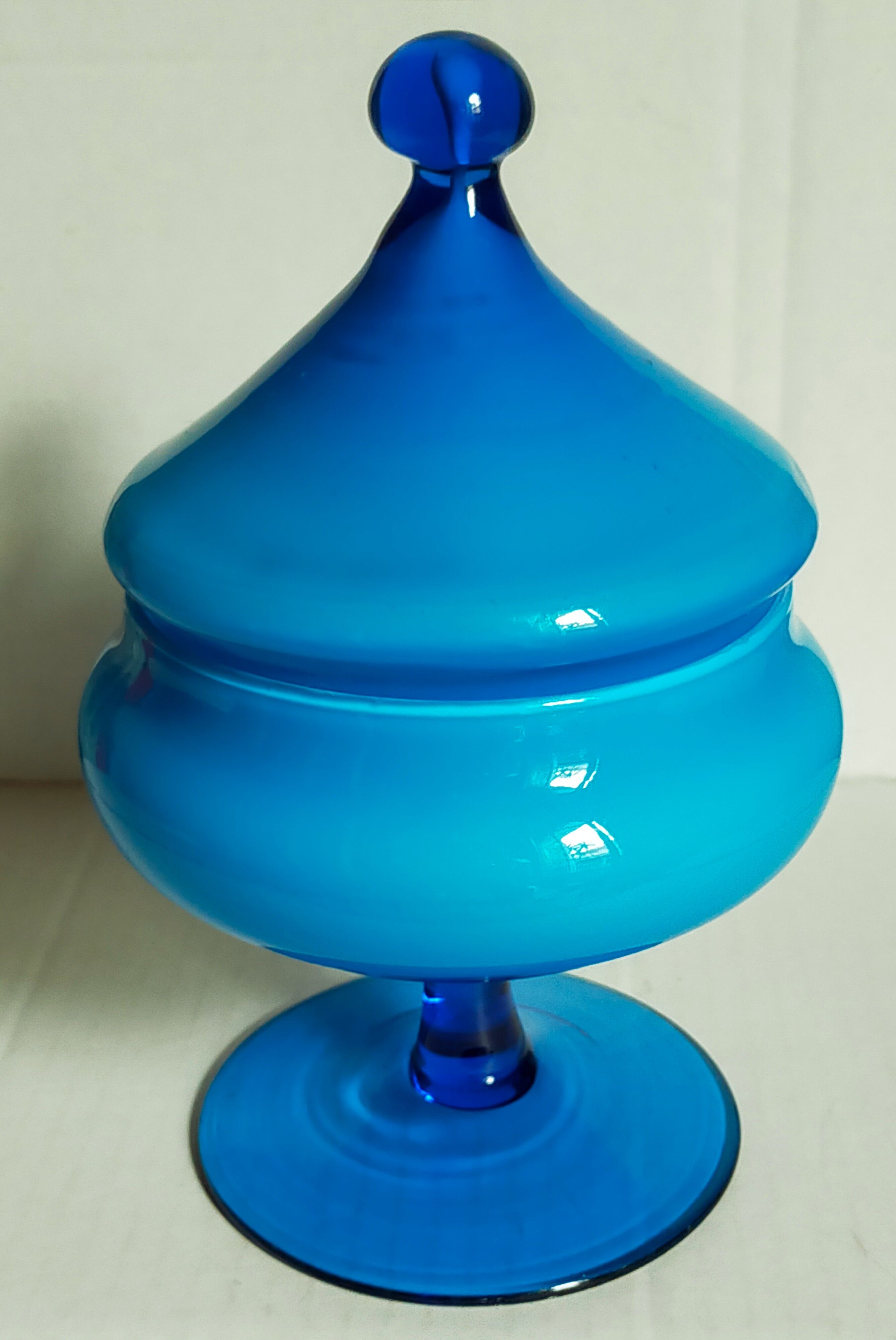 Covered pot on foot in vintage blue opaline