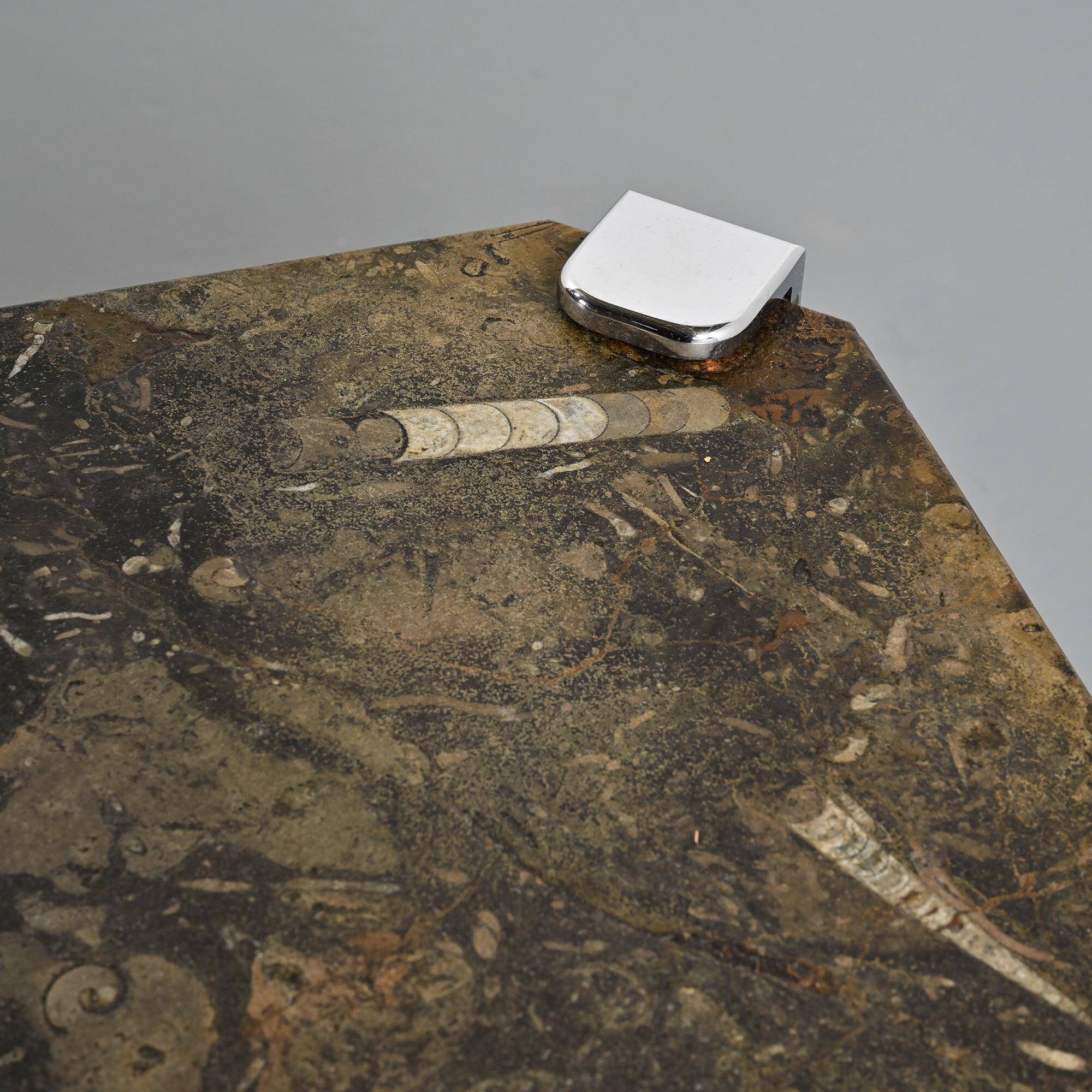 Fossil stone and chrome metal coffee table, Fossile Collection, Switzerland, circa 1980.
