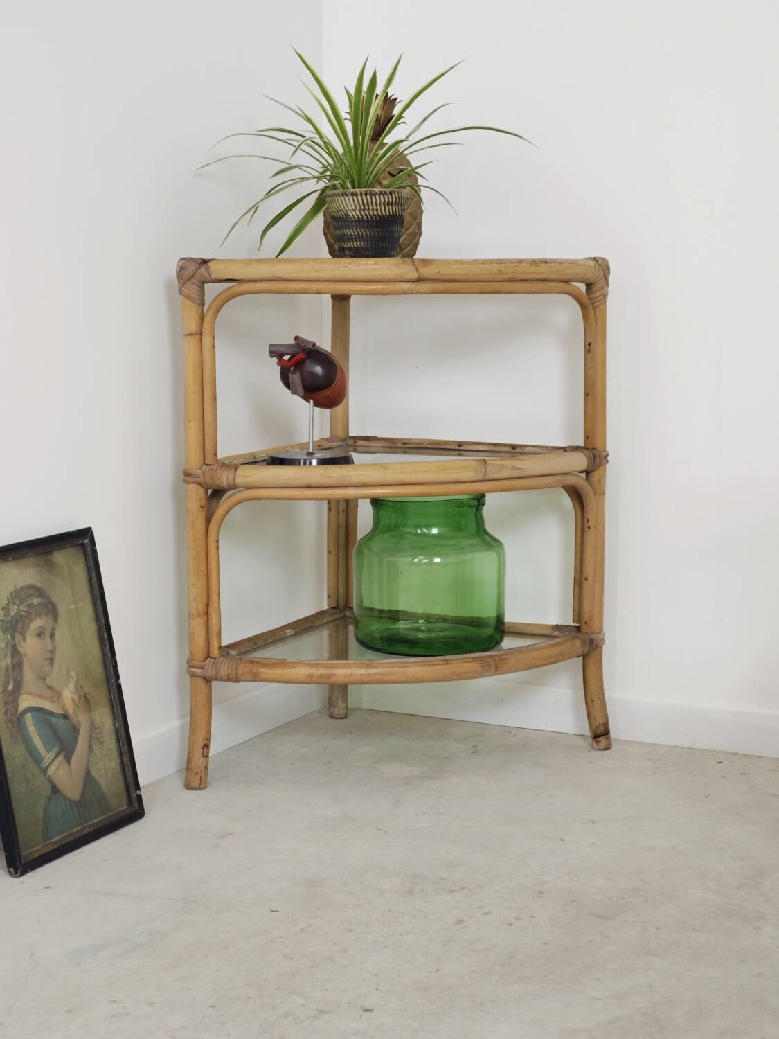 Rattan and glass corner shelf 1970