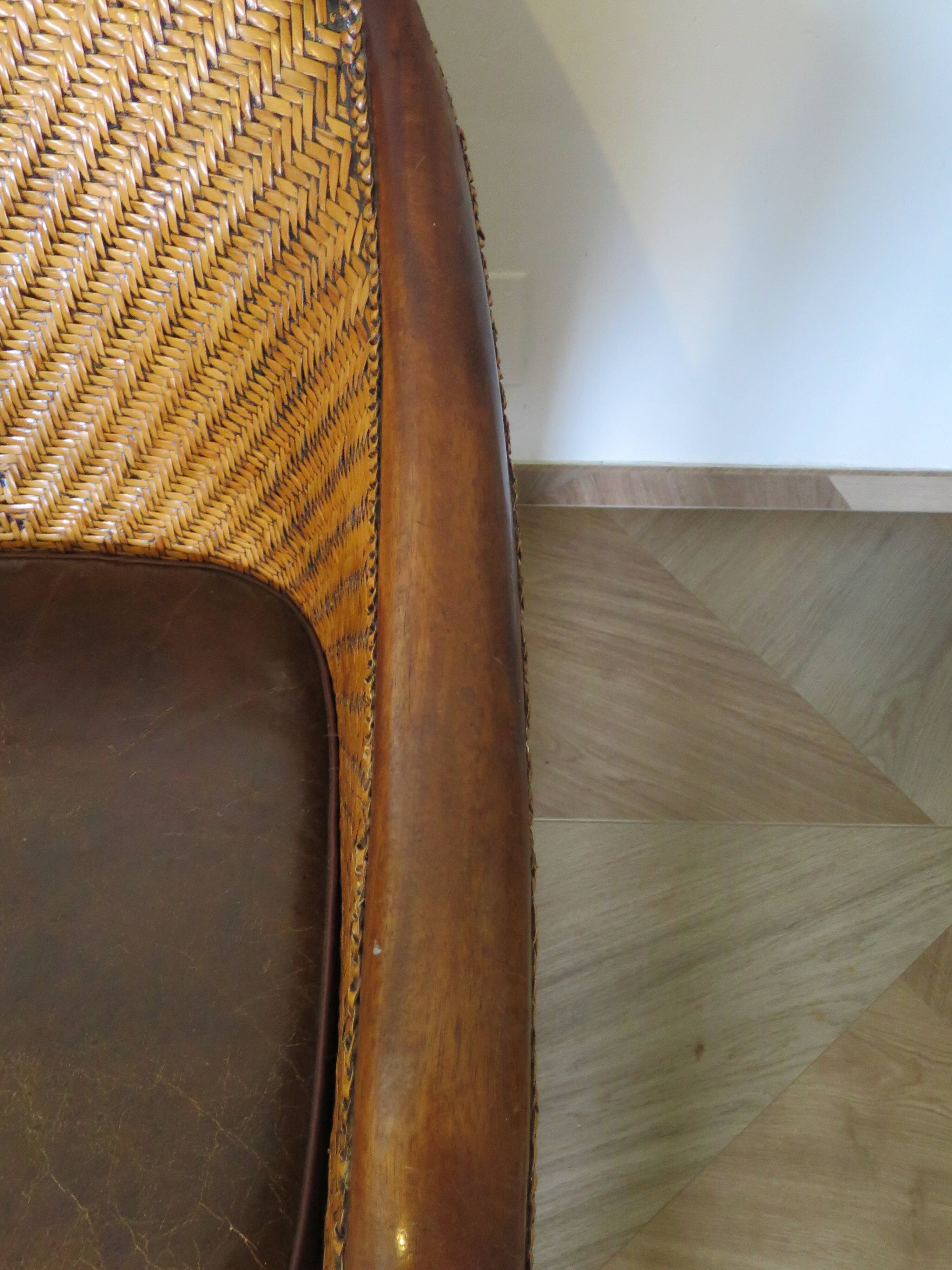 Fauteuil Style Colonial-Rotin tressé-Vintage-coussin simili cuir