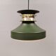 Hanging lamp in green lacquered metal with golden “ring” and bottom grille.