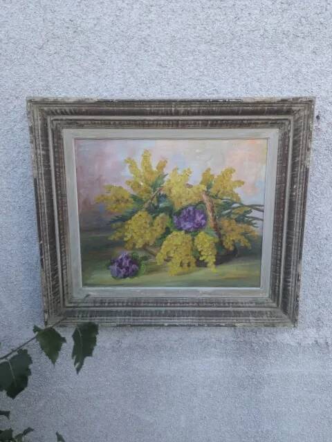 Tableau ancien, mimosa et violettes