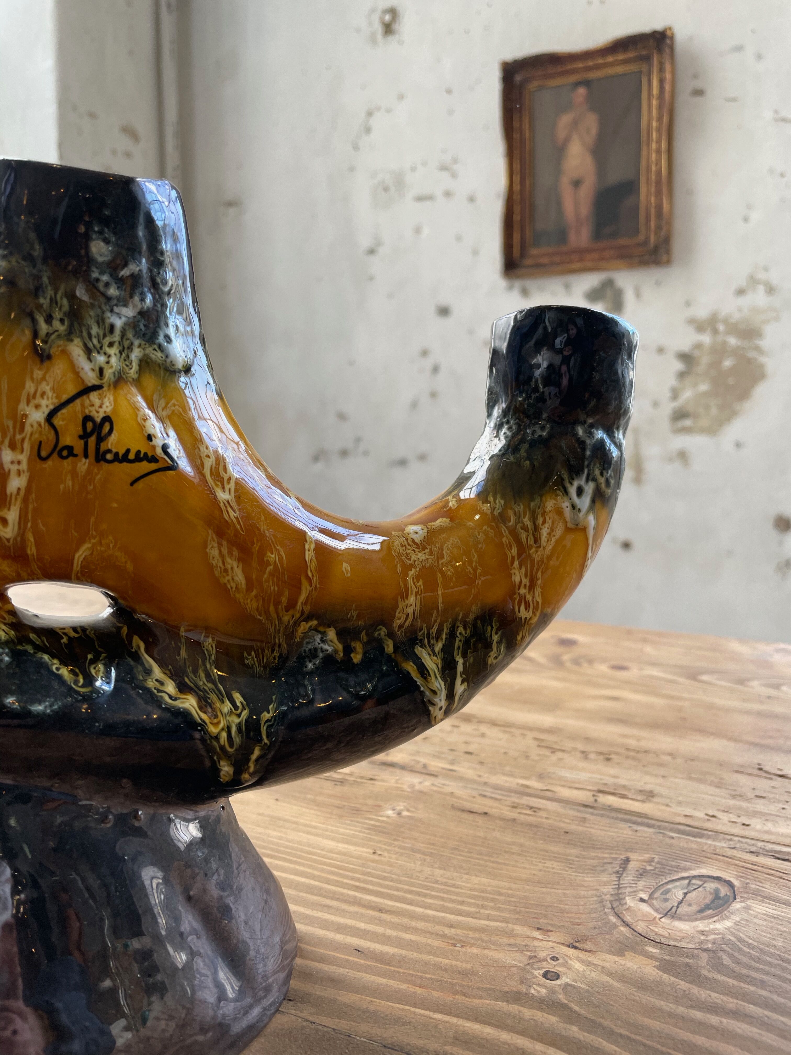 Vallauris black yellow ceramic candlestick