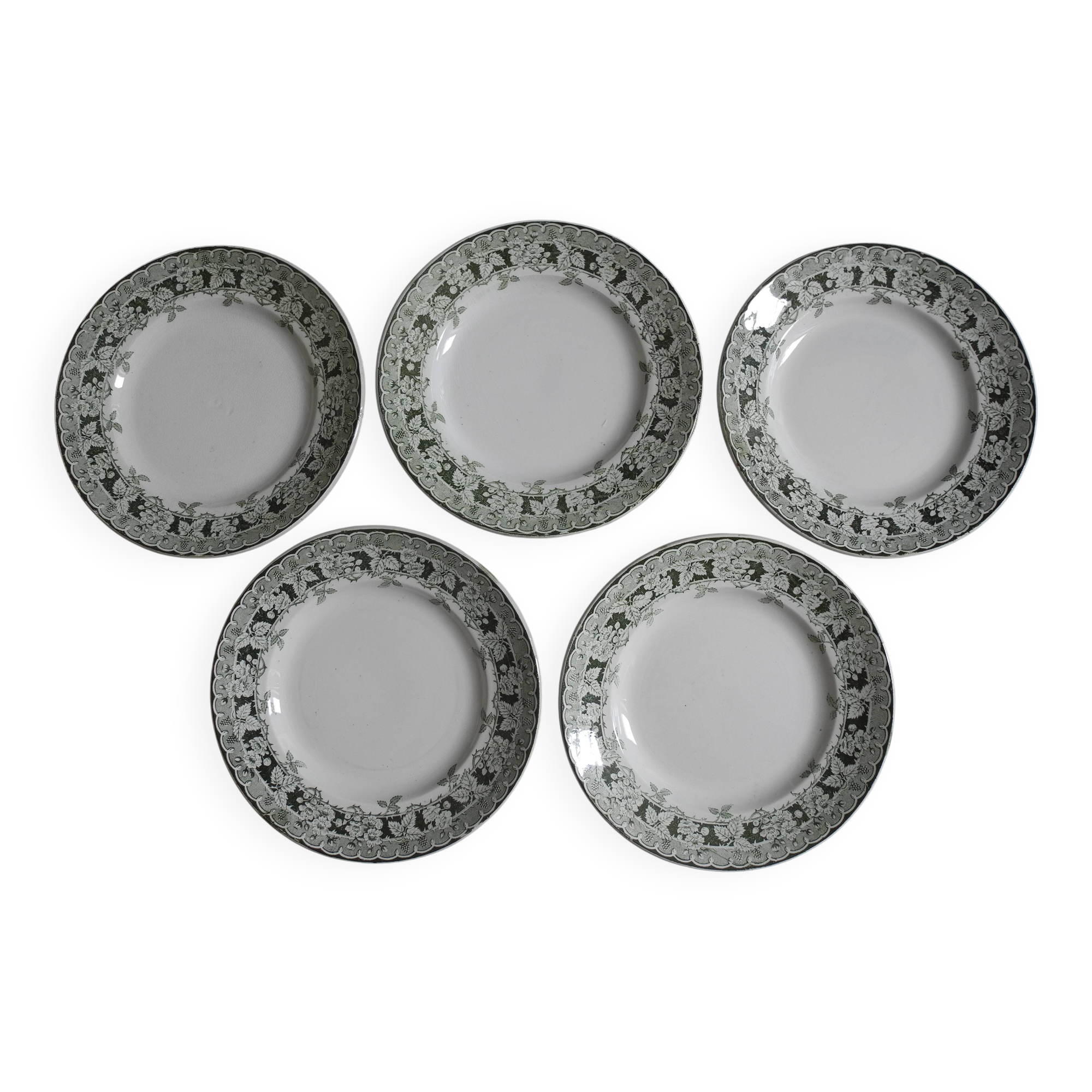 Lot of 5 flat plates, St Amand earthenware, antique French flate plates, 30s