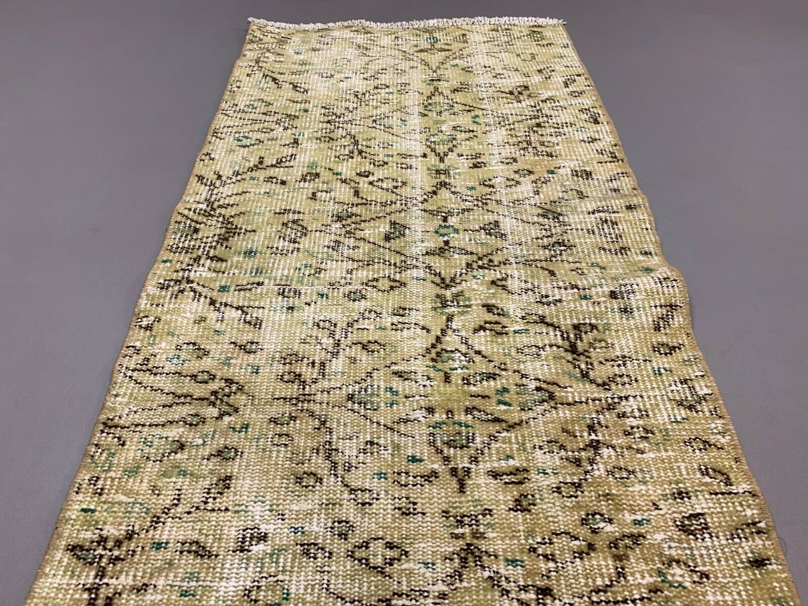 Distressed Turkish Narrow Runner 267x63 cm wool Vintage rug, Overdyed Yellow