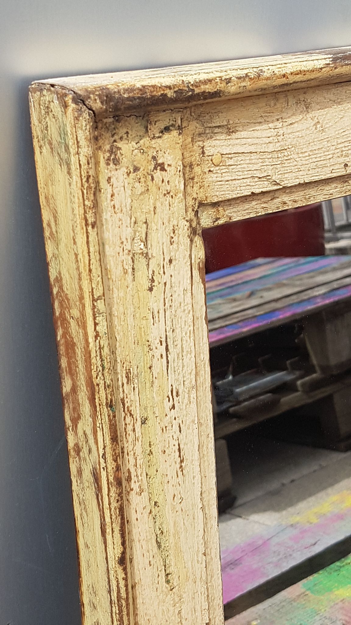 Miroir blanc casse bois vieux teck patine