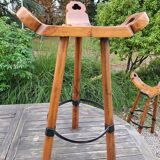 2 tabourets espagnols tripode brutaliste chêne massif, 1960