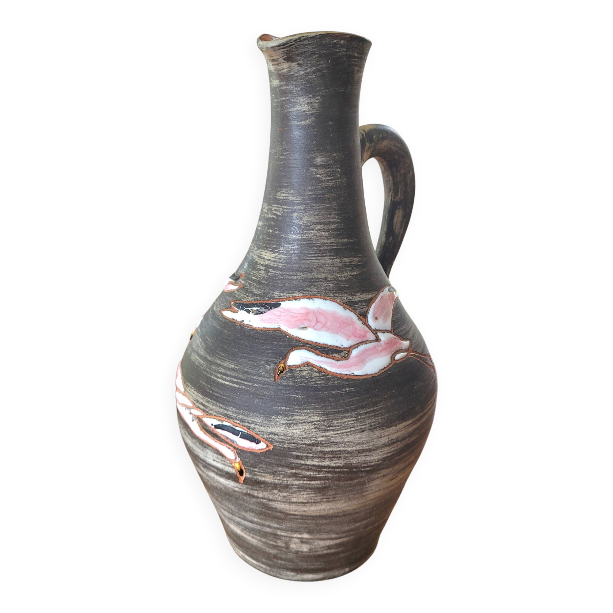 Rare signed ceramic and enameled porcelain pitcher