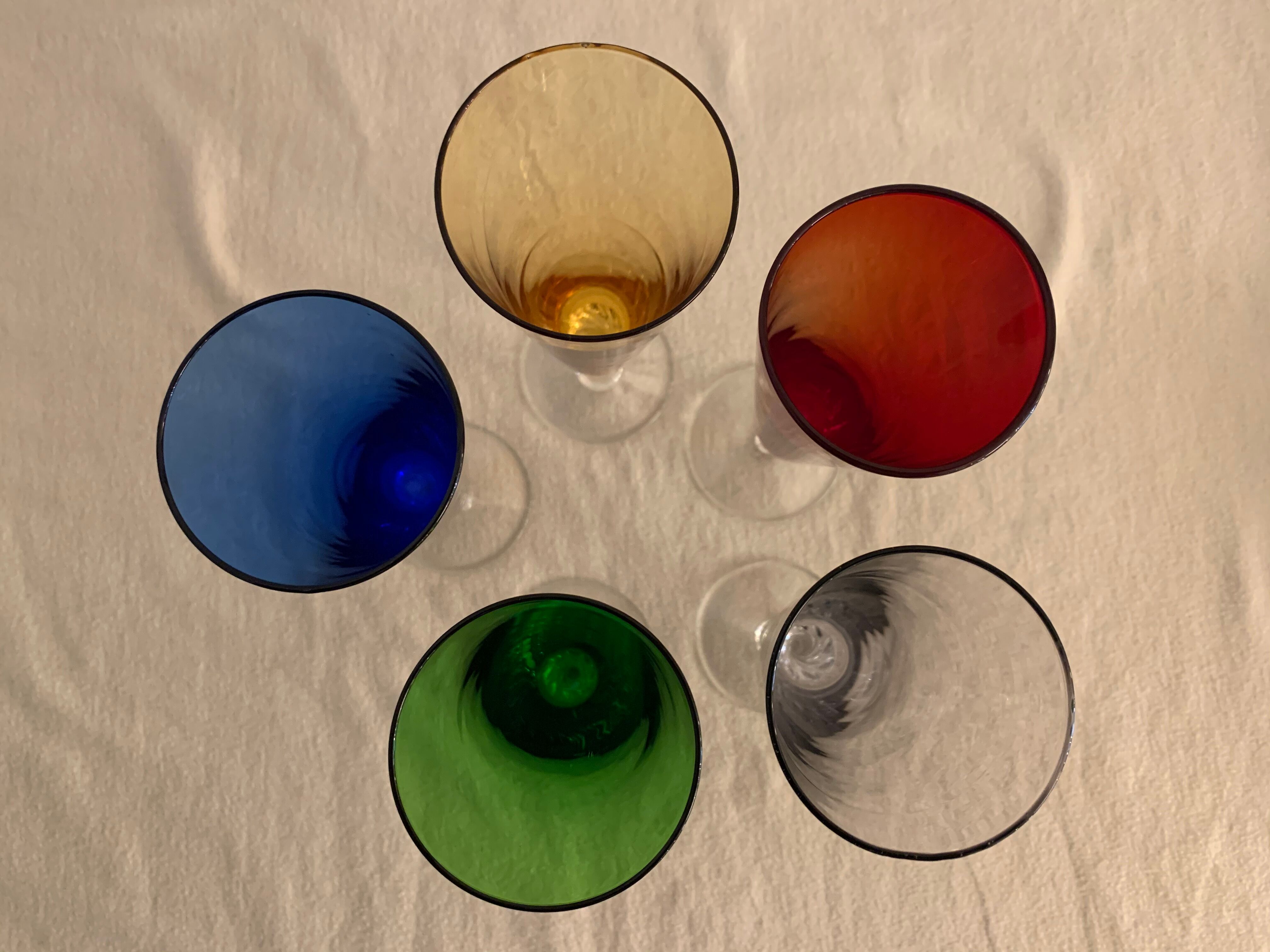 5 colorful champagne flutes in Murano 1970 glass