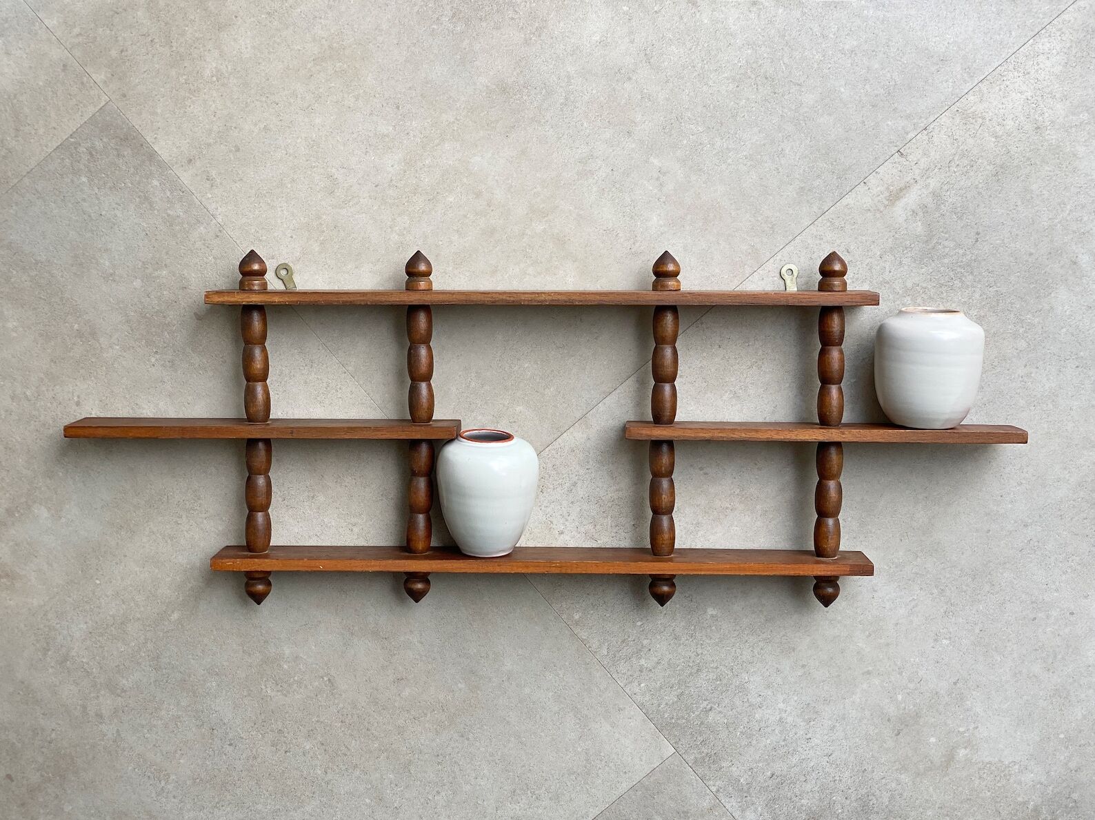 Vintage wooden wall shelves display, small shelving for miniatures