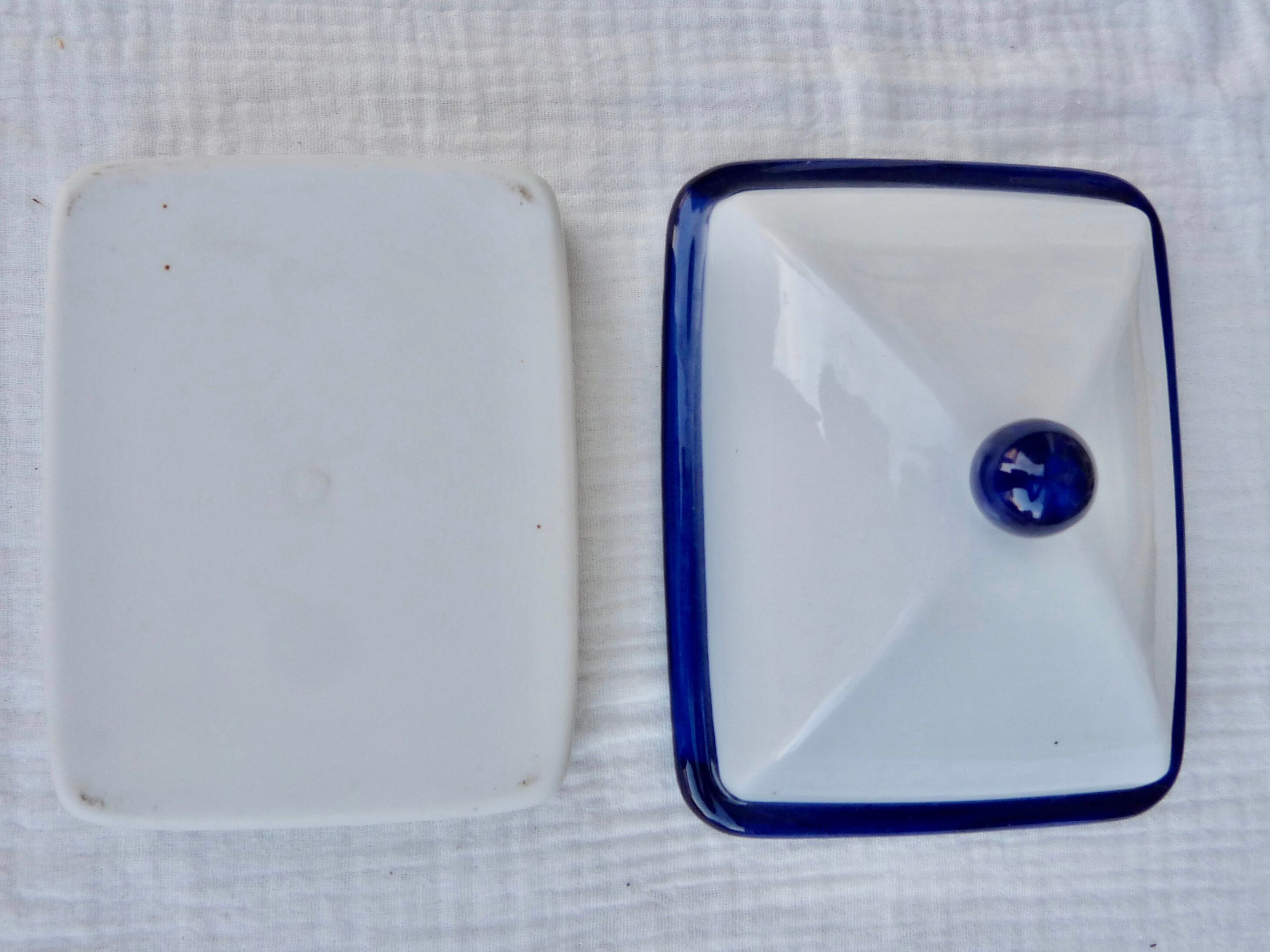 White and blue ceramic butter dish
