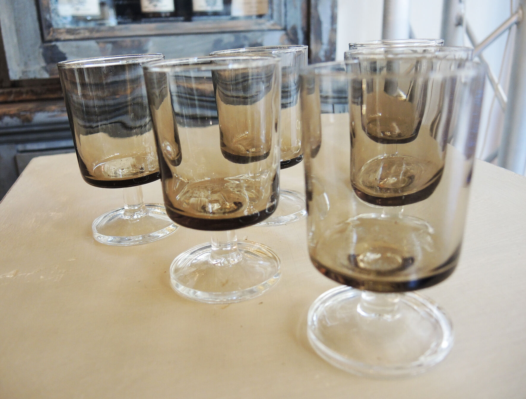 6 Old Luminarc Smoked Foot Glasses H11.5 cm